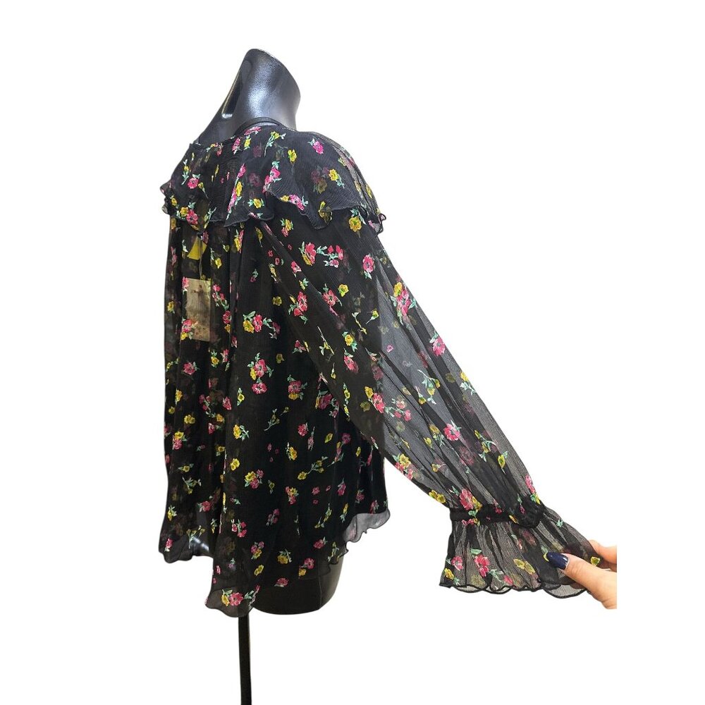 NWT Johnny Was Black Sheer Floral Ruffle Blouse w/Black Undershirt Size L - Picture 8 of 13
